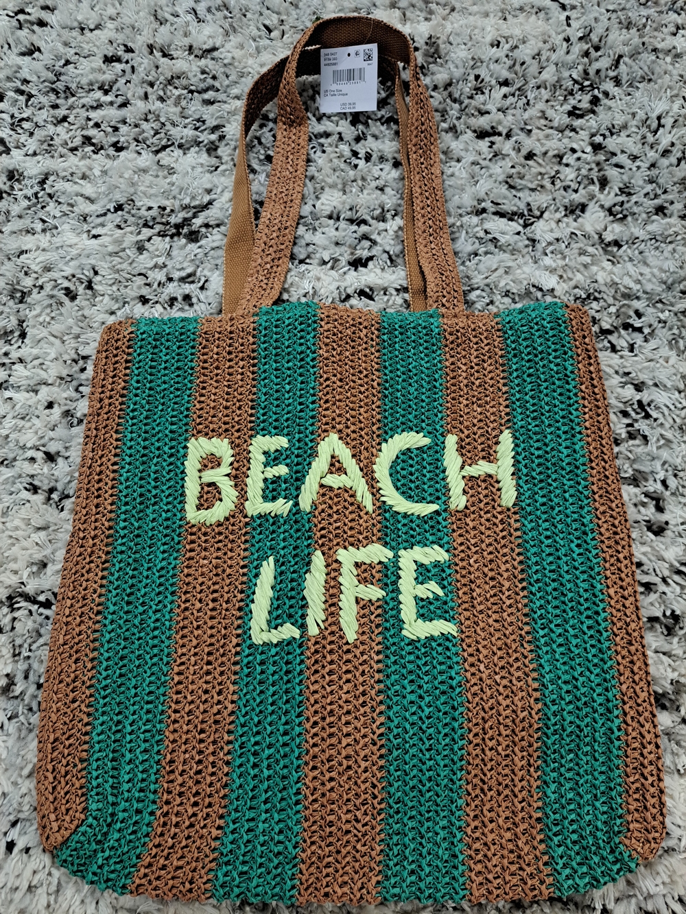 American Eagle Raffia Striped Crochet Tote Bag in Brown and Teal